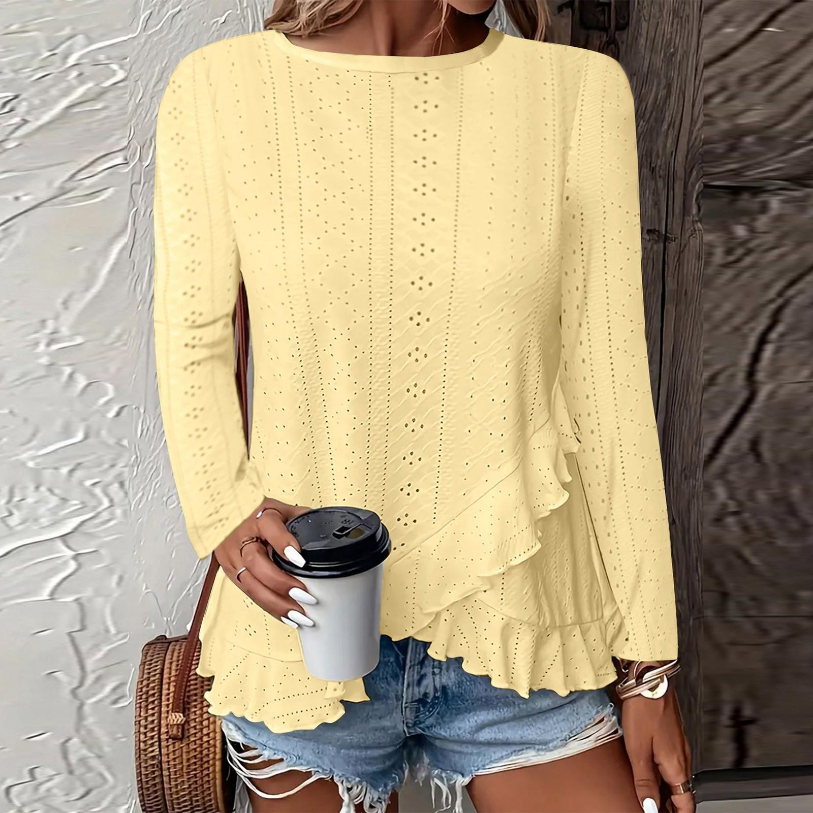 

Женская модная однотонная повседневная футболка с длинным рукавом и круглым вырезом XL жёлтый