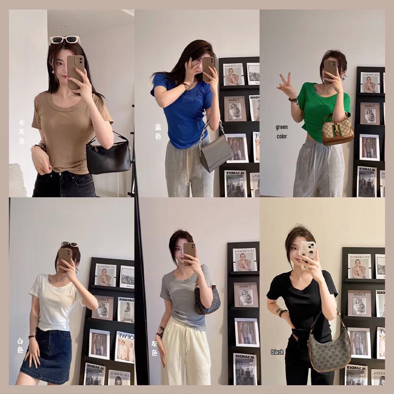 LANSWE Women's Ribbed Round Neck Short Sleeve T-Shirt