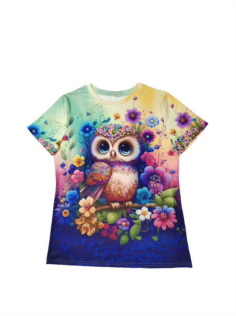 Pastel Green Women's Tee - Floral Crown Owl & Colorful Flowers Graphic, Cute Whimsical Print Design for Casual Daily Wear