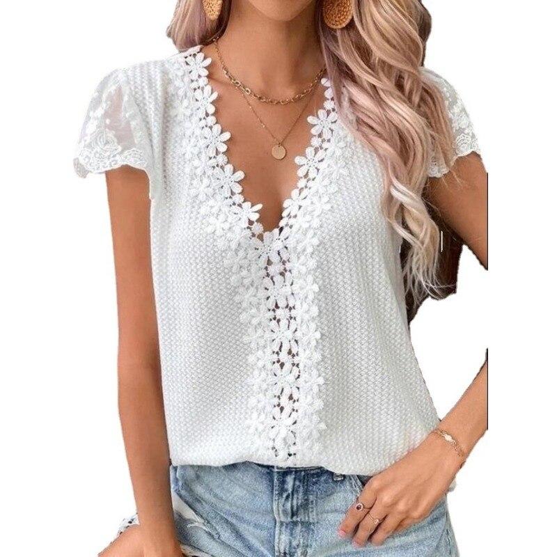 Blusas Summer Lace Solid Short Sleeve Casual T-shirt Womens Loose Shirt Women V-Neck Tee Shirt Casual Top Solid Top 28332