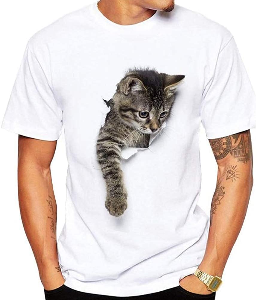 Aspersio Short Sleeve Cat Print Relaxed Crew Neck Short Sleeve Cut and Smooth White Shirt, Fit, One-Point T-Shirt, Tee, Cute, Natural, Sewn, Cute,