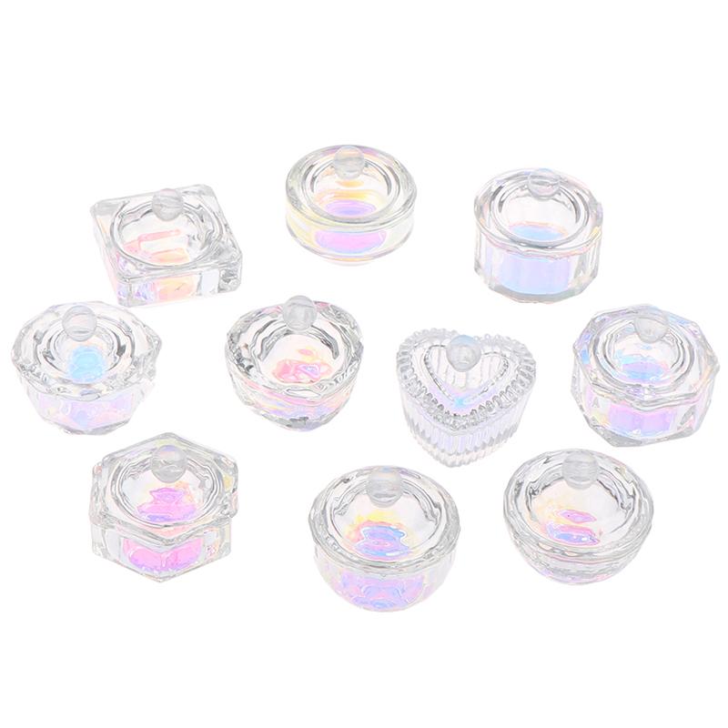 1Pcs Rainbow Crystal Clear Acrylic Liquid Dish Tappen Dish Glass Cup With Lid Bowl For Acrylic Powder Monomer Nail Art Tool