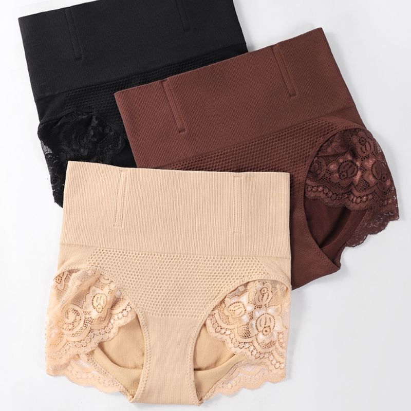 Women's High-Waisted Lace Trim Body Shaping Tummy Control Butt Lifting Triangle Panties with Boning Anti-Roll Edge