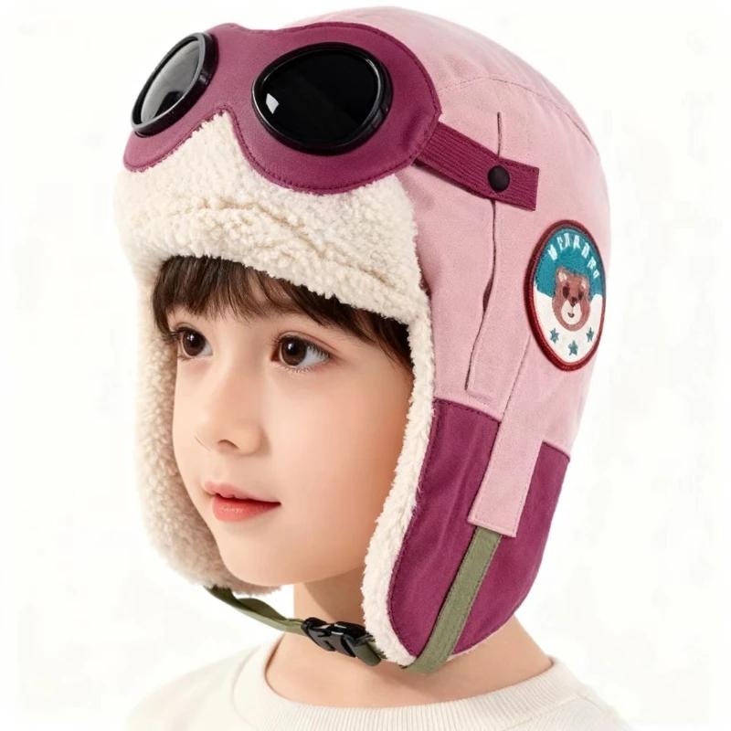 Children's plush winter pilot thermal cap,equipped with goggles and windproof earmuffs,suitable for outdoor activities in winter