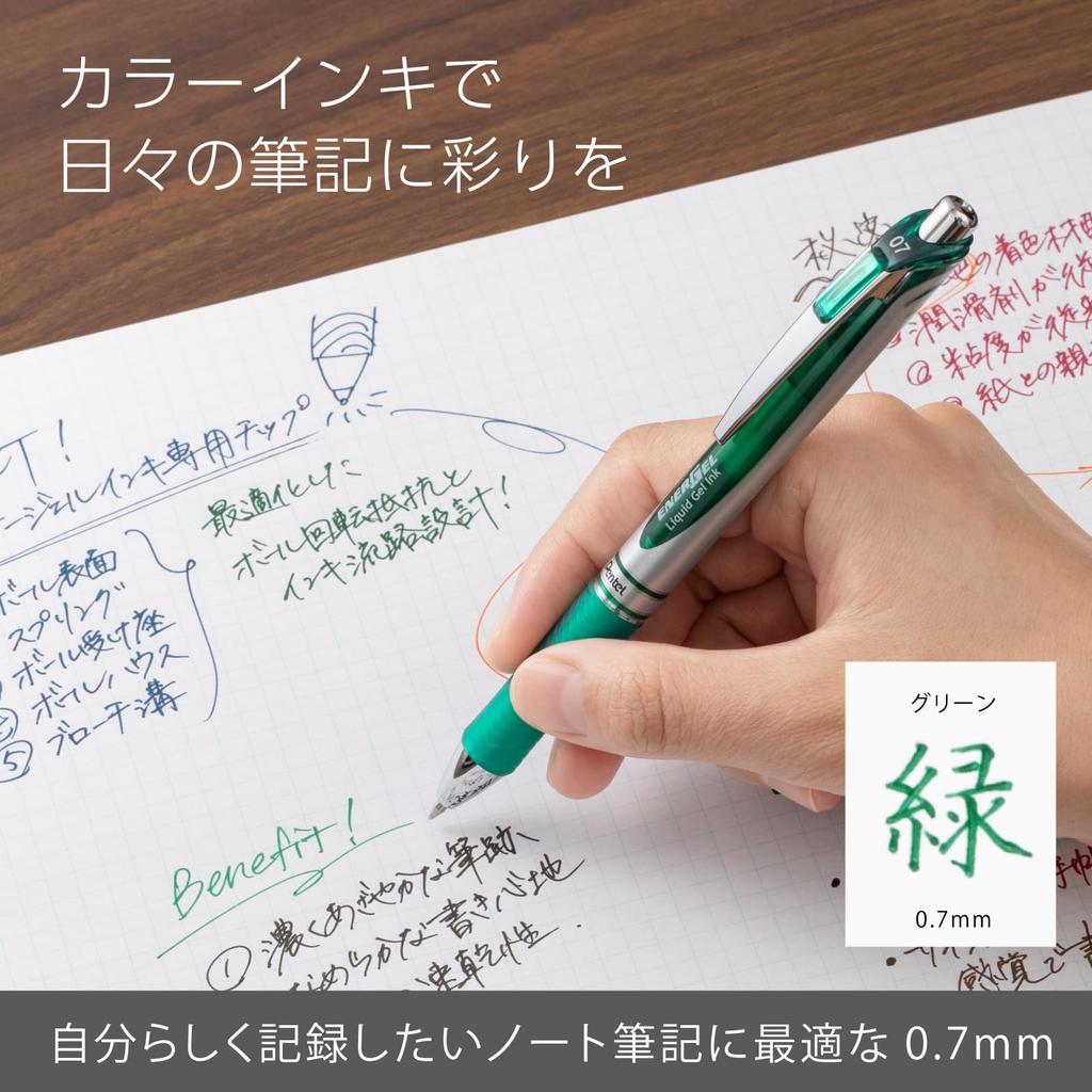 Pentel EnerGel Gel Ballpoint Silver 10 Pens Pen, Retractable, 0.7mm, Barrel, Green,