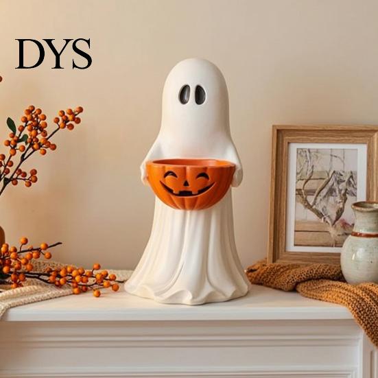Decorative Pumpkin Snack Bowl Resin Ghost Statue with Candy Bowl, Cute Figurine, Trick Fall Harvest Home Decor or Treat Holder for Front Porch