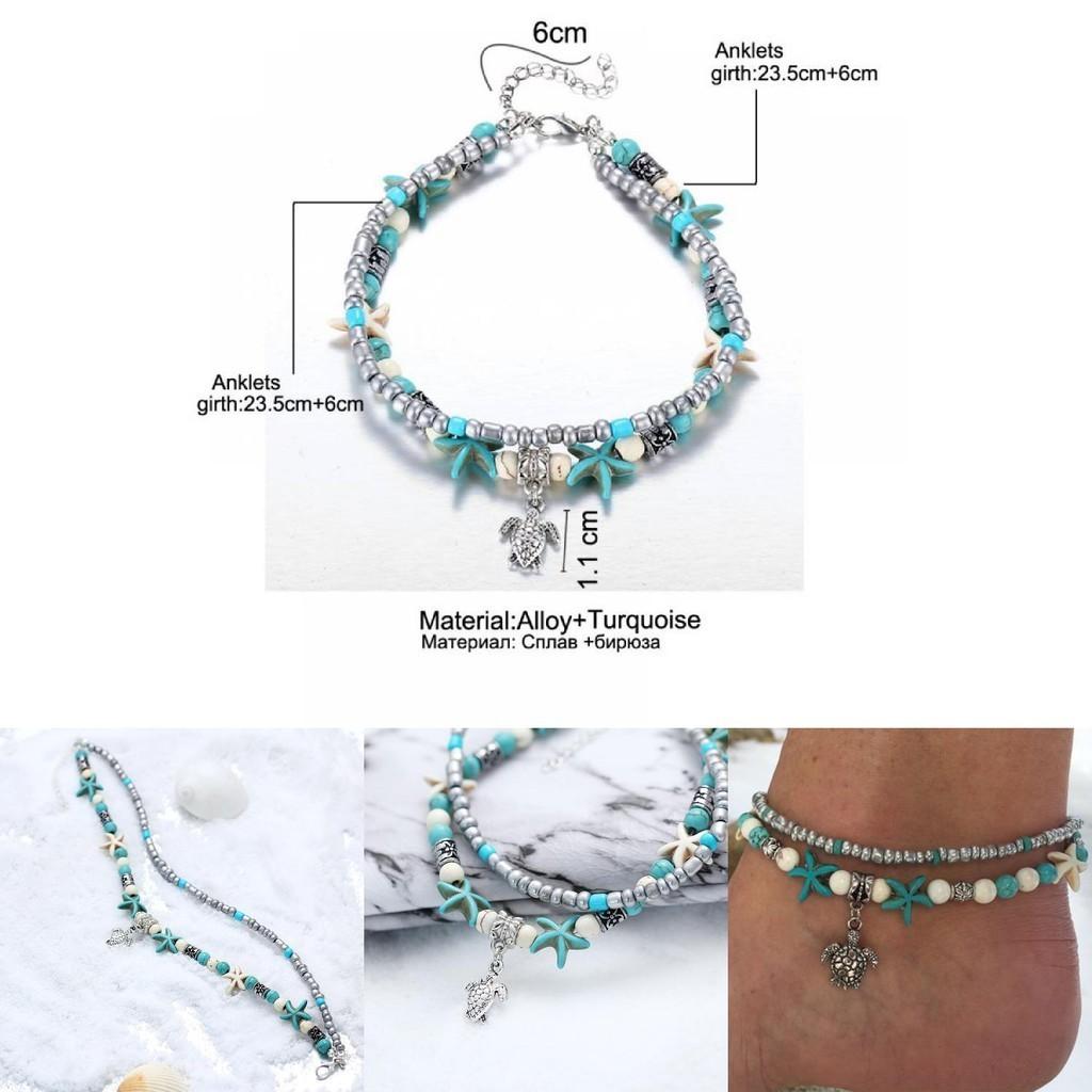 Vintage Blue Starfish Shell Anklet Beach Turtle Anklet Vacation Rice Bead Anklet