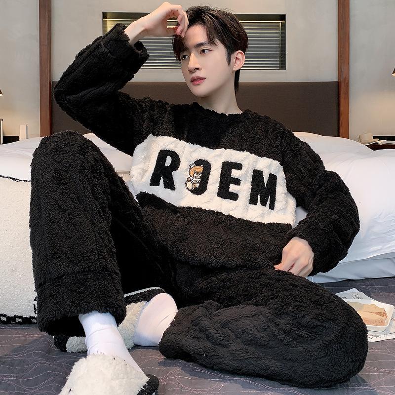 Men's pajamas coral fleece autumn and winter warm home leisure suits can be worn outside plush loungewear men's