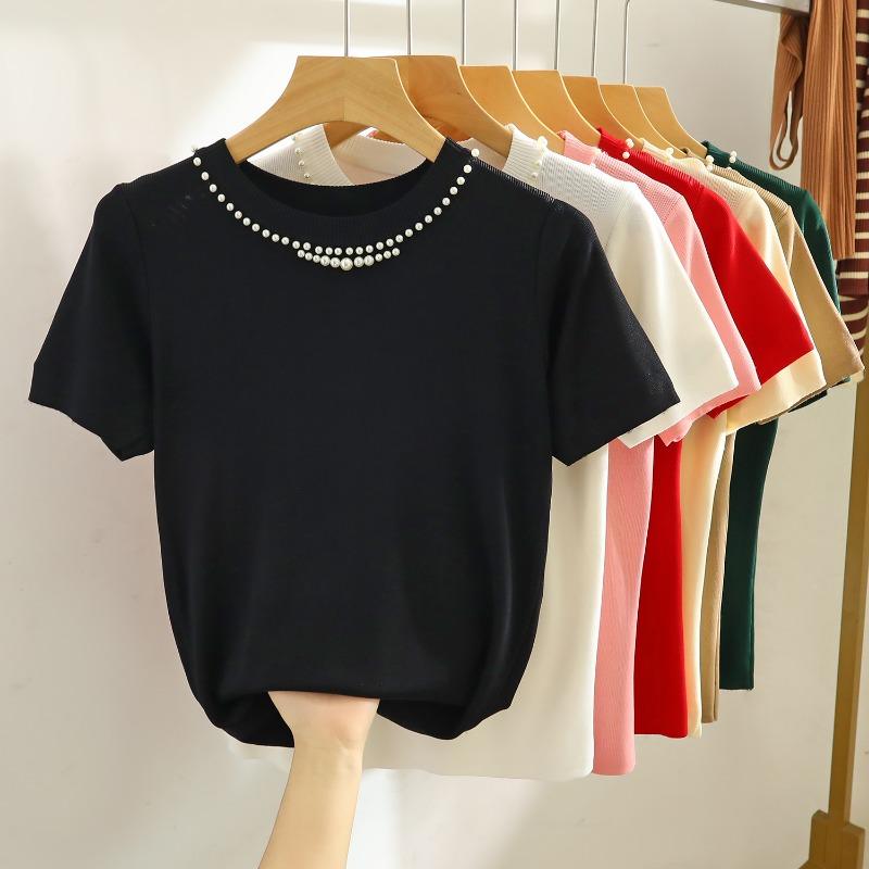 Fashion Short Sleeve Loose Knitted T Shirt Women Summer New Beading Round Neck Casual Women's T-shirt Tops Elegant Slim Fit Simple Woman Tee 26235