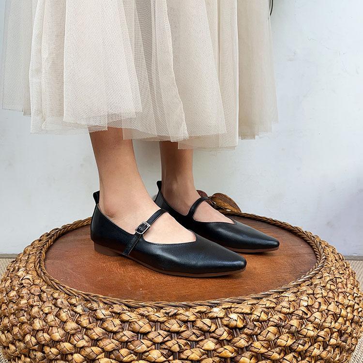 Johnature Vår Høst Retro Spenne Stropp Grunn Myk Uformell spiss Loafers Kvinner Ekte Skinn Flats Sko