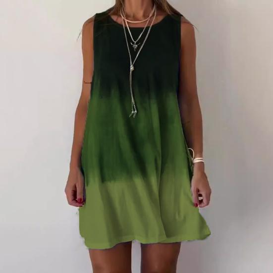 Women Summer Dress Gradient Contrast Color Sleeveless A-line Loose Round Neck Vest Type Daily Vacation Homewear