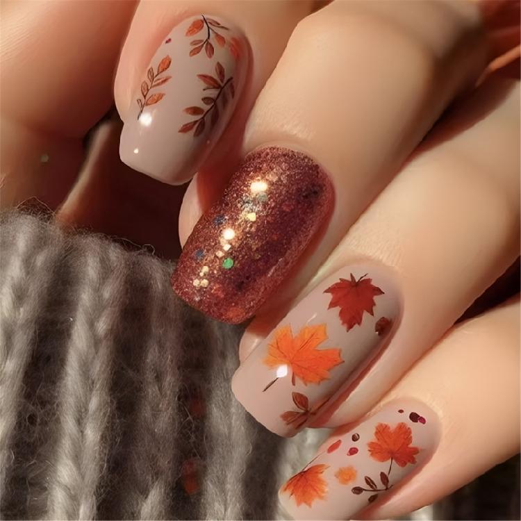 

Maple Leaf Themed Press On Nail 24 Pieces Short Square Full Cover Thanksgiving Stick on Nail for Fall Festivities 1