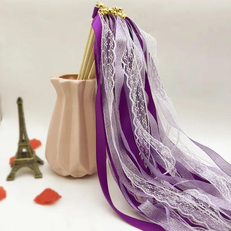 50pcs Satin Ribbon Wedding Wands Fairy Sticks With Gold Bell Pink Purple For Lawn Wedding Party Shower Decor Twirling Streamers