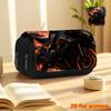 Orange Flame Heavy Motorcycle 2D Printed Double-Layer Flip-Top Black Pencil Case - Back-to-School Essential Pencil Box, Daily Multi-Functional Makeup 