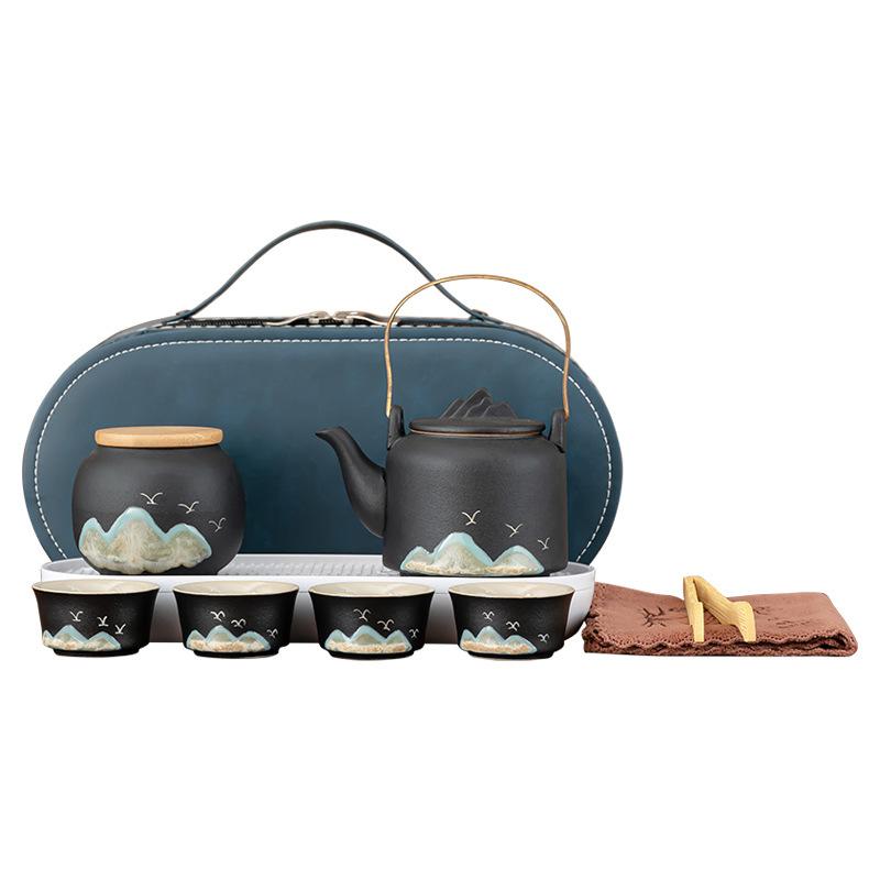 Coarse Pottery Travel Tea Set Outdoor Camping Portable Black Pottery Express Customer Cup One Pot Four Cups Storage Bag Business Gifts