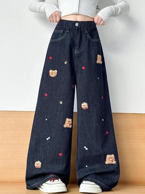 Calça Jeans Wide-Leg de Urso de Desenho Animado para Meninas 2025: Moda Primavera & Outono para Crianças Médias e Grandes