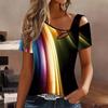 Women Geometric Pattern Print Cold Shoulder Short Sleeve T Shirt Irregular Cutout Neck Casual Summer Blouse Top