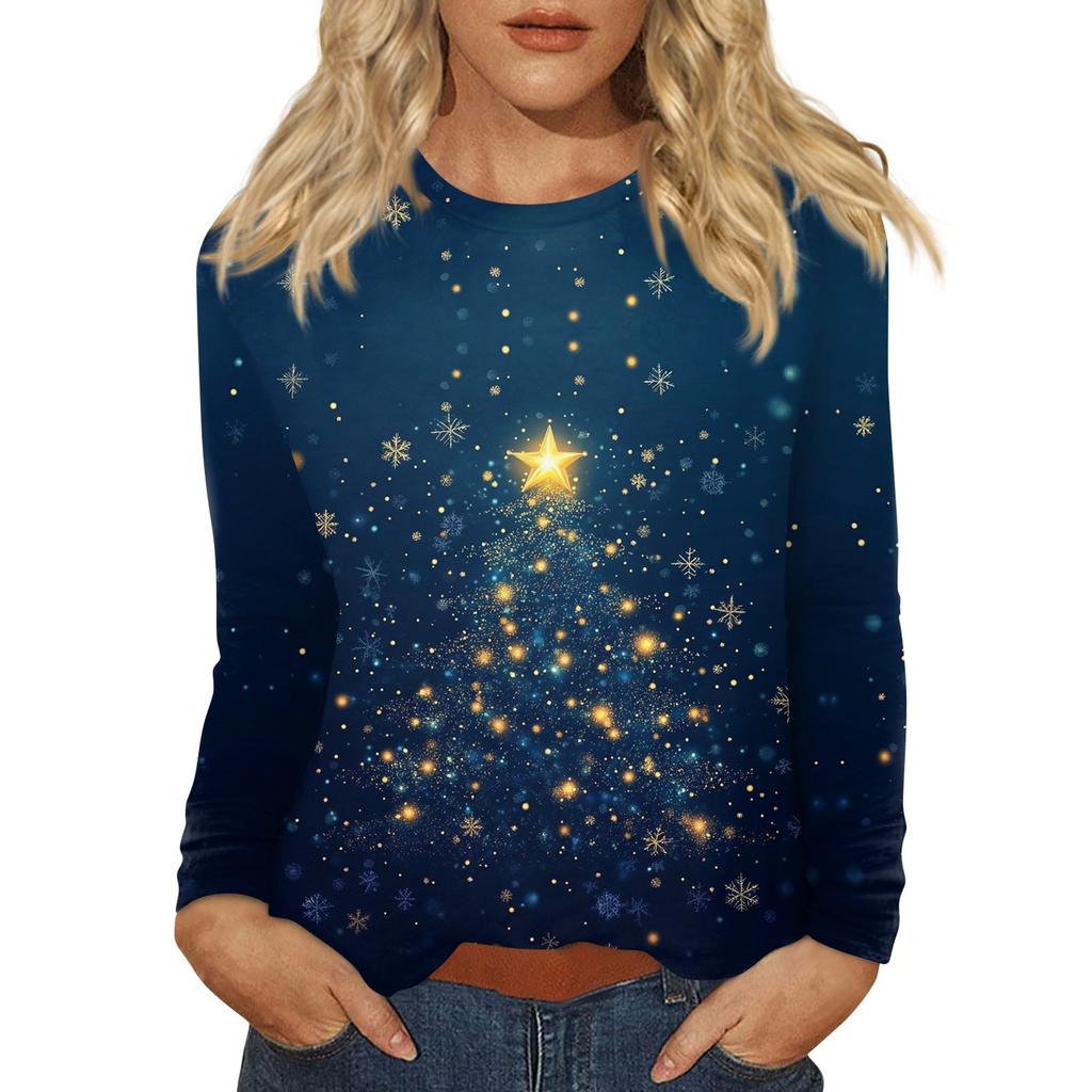 Langermet skjorte for kvinner Søt juleprint Grafiske t-skjorter Bluser Casual Plussstørrelse Basic Topper Genser