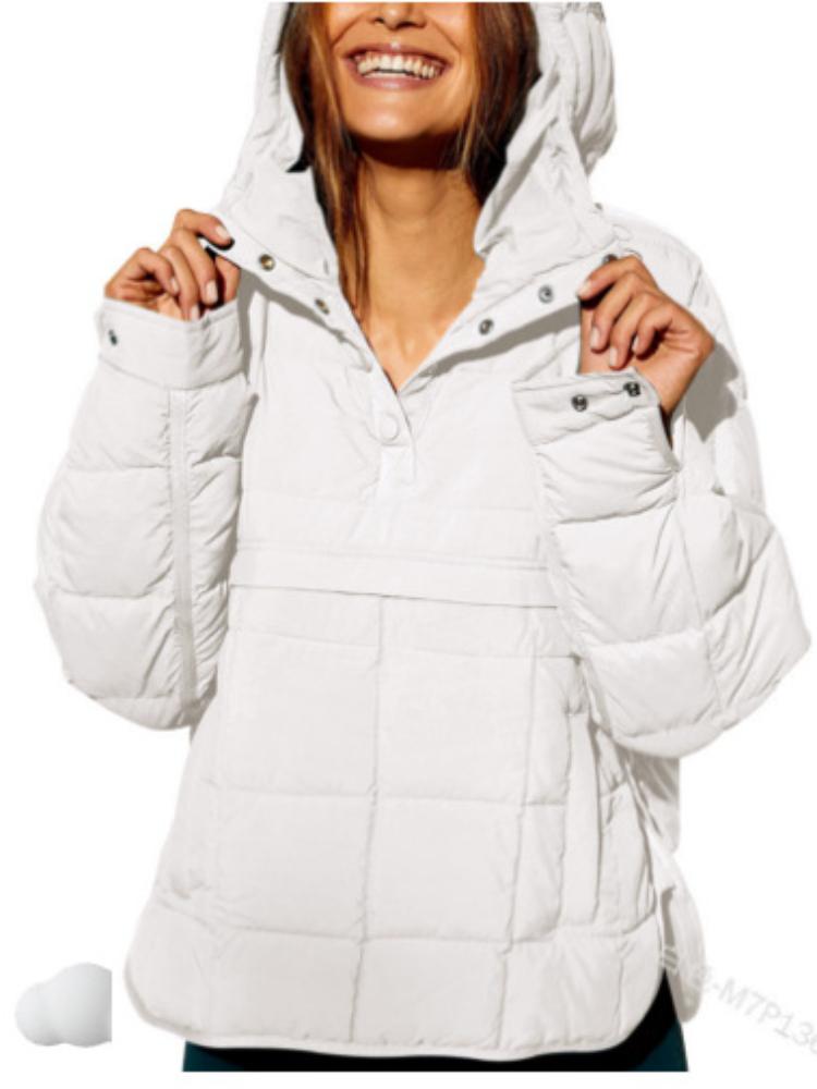 

Women s Quilted Hooded Puffer Jacket with Stand Collar, Zipper Pocket, Raglan Sleeves In Dark Green, Beige, Purple, Light Blue, Black M білий