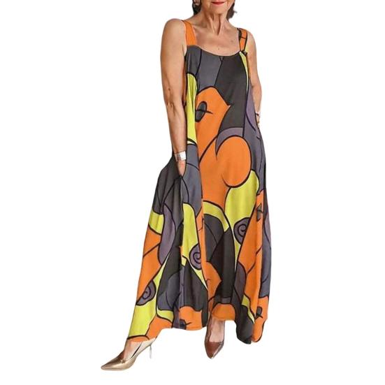 Damen Sommerkleid Ärmellos A-Linie Bunter Druck Seitentaschen Großer Saum Knöchellang Urlaub Strand Maxikleid