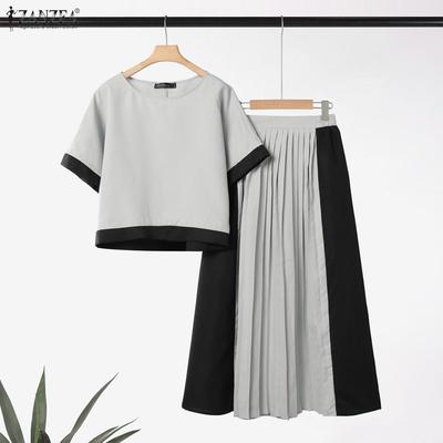 Women Short Sleeve Blouse and Long Skirts Casual Two Piece Suit Sets