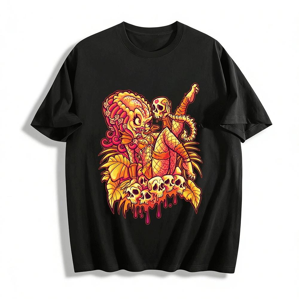 Alien Hunter Skull Print Edgy Casual Short Sleeve T-Shirt Pure cotton T-shirt XXS