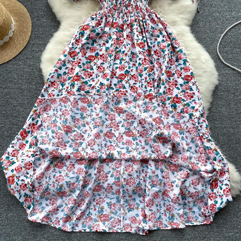 Women Summer Spring Short Sleeve Flower Print V-neck Casual A-Line Ankle-Length High Waist Dress