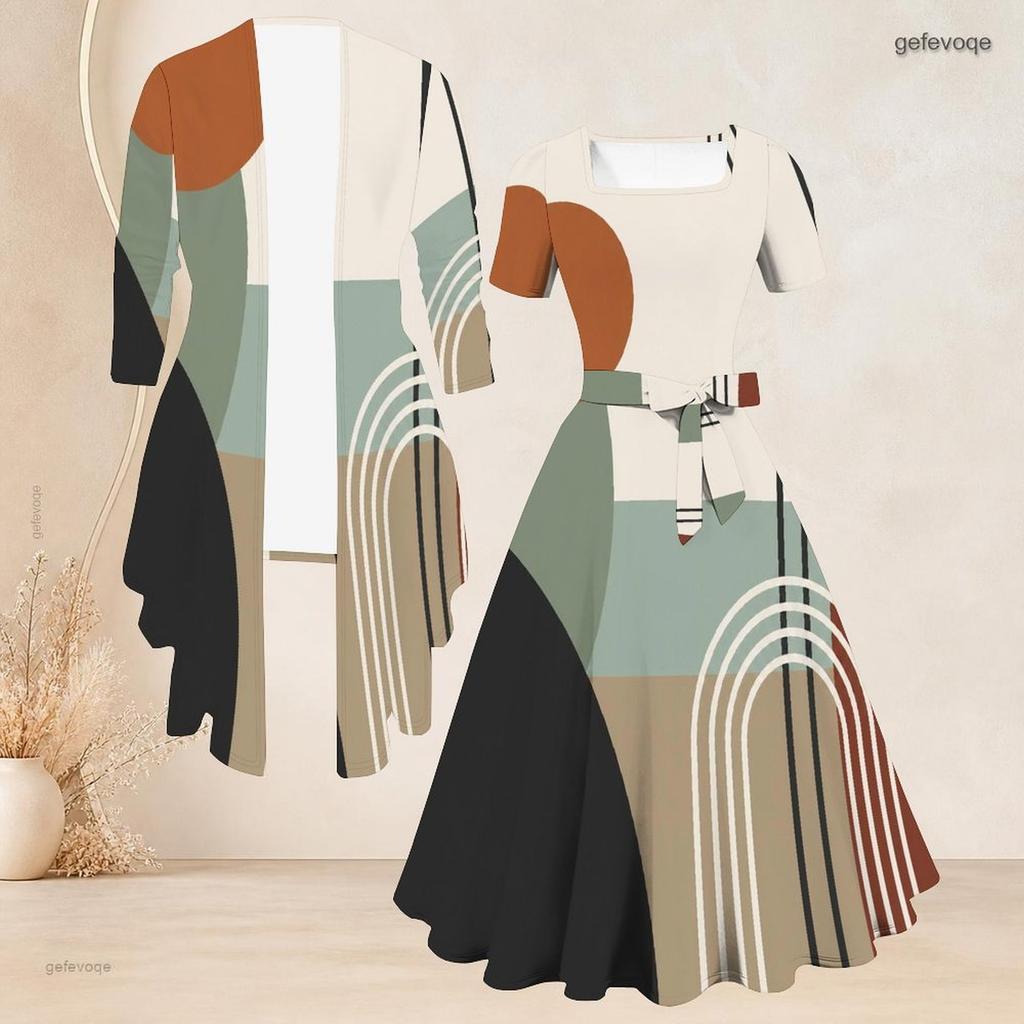 Women Plus Size Abstract Printed Two Piece Set Long Sleeve Cardigan Square Neck Short Sleeve Tie Waist Flared Dress