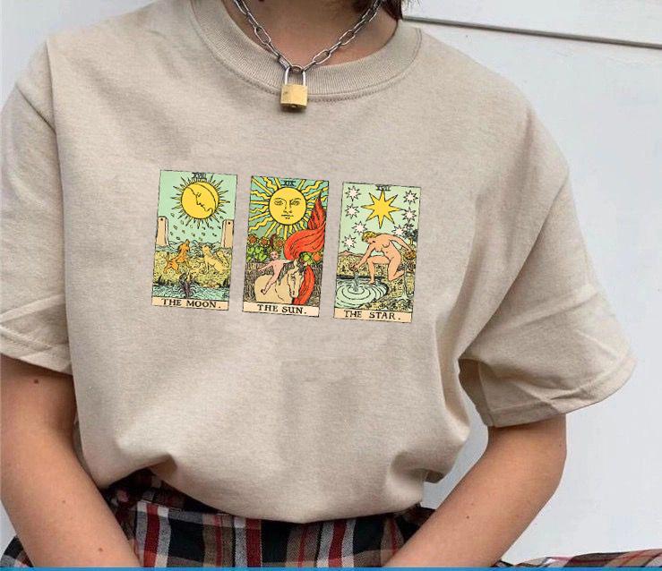 Sun Moon Star Tarot Cards Graphic Tshirt Vintage Fashion Unisexs Cute Aesthetic Casual Printed Tee Hipsters Witch Shirt