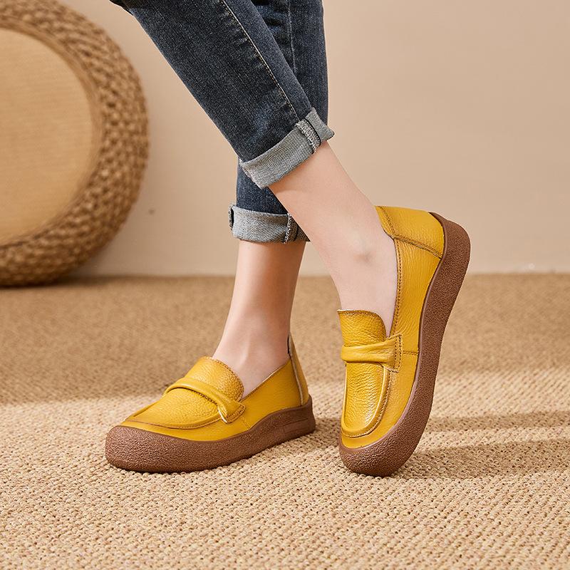 Fashion Genuine Leather Yellow Flats Hollow Out Moccasins Shoes for Women Summer Breathable Loafers Woman Barefoot Slip On Shoes Ladies