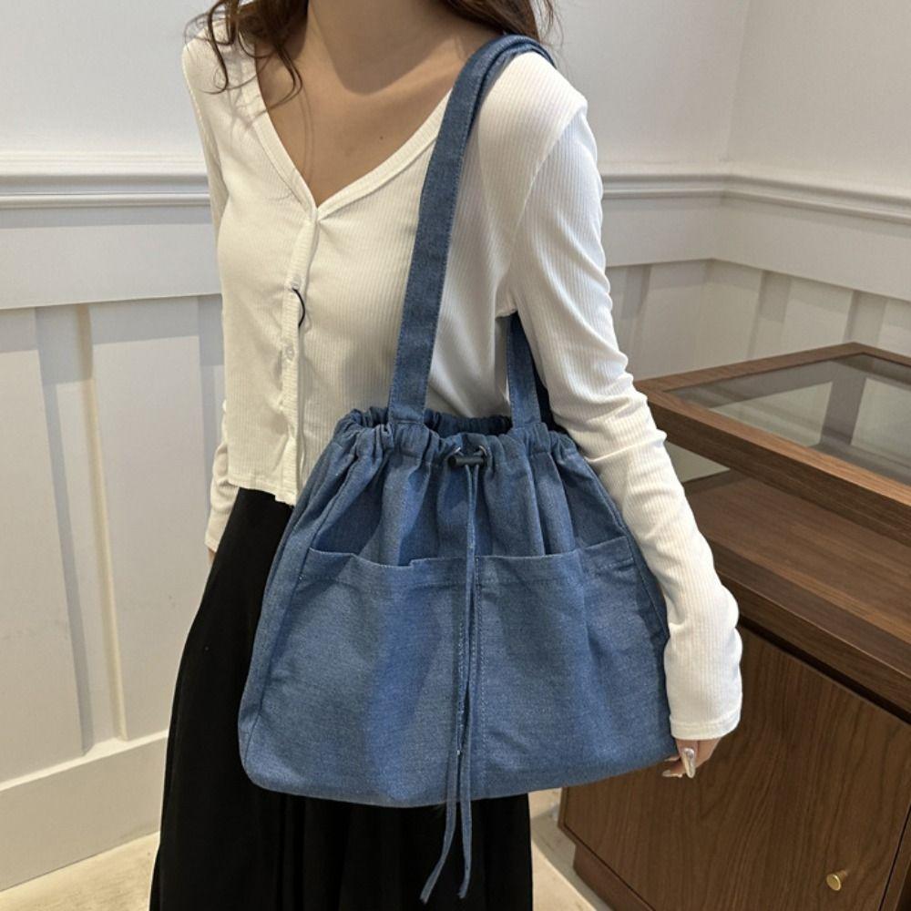 Casual Denim Tote Bag Large Capacity Canvas Bucket Bag Oxford Drawstring Shoulder Bag  Travel