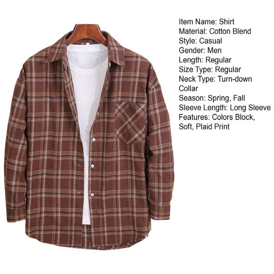 Men Autumn Shirt Plaid Print Contrast Colors Turn-down Collar Lapel Korean Style Single-breasted Loose Pocket Soft Patchwork Spring Shirt Daily Wear