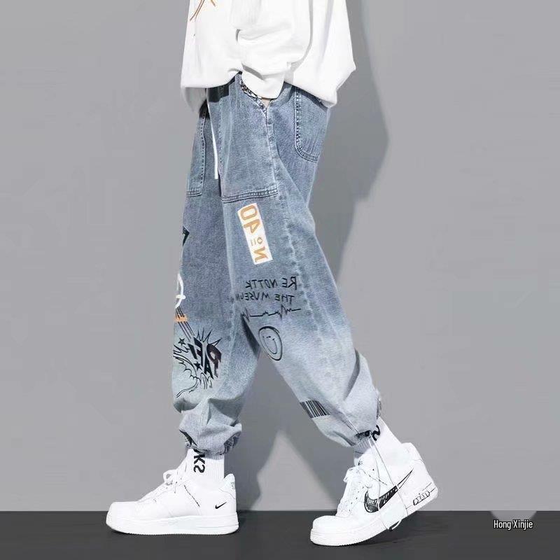 YOA Men's Autumn Cartoon Graffiti Jogger Jeans with Drawstring