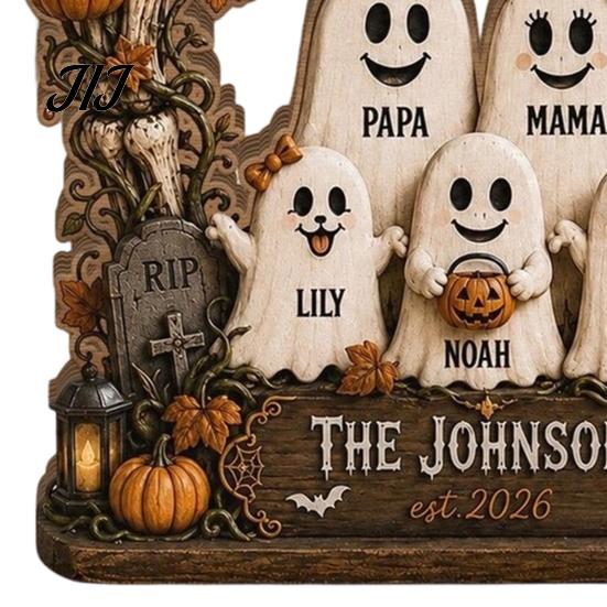 Gifts for Halloween Ghost Family Wooden Plaque, Pumpkin Couple Tabletop Sign, Decorative Plaques Farmhouse Home Ornament Tiered Tray Shelf Decor Theme