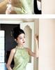 2026 Summer Green Sleeveless Cheongsam: Slimming Off-Shoulder, Waist-Cinching Halter Dress