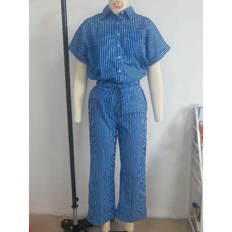 Classic Spring Autumn Striped Printed Short Sleeve Shirt Set Retro Casual Loose Waist Trousers Women's Suit