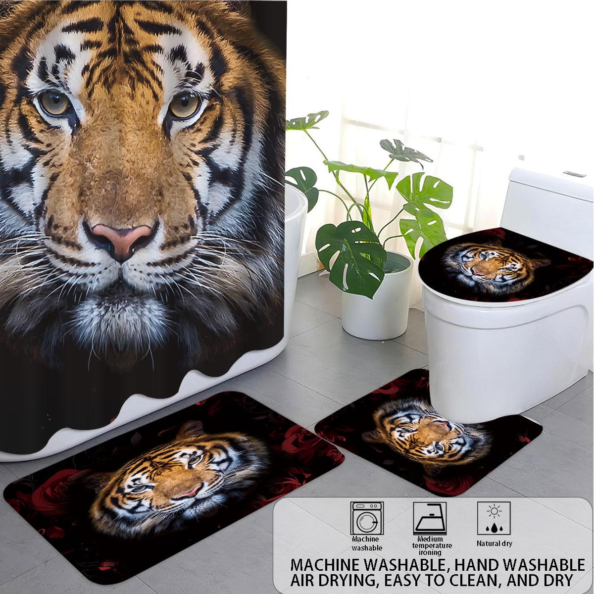 4pcs Fierce Tiger Printed Bathroom Set 180x180 Waterproof Shower Curtain Floor Mat U-shaped Pad Toilet Seat Regular