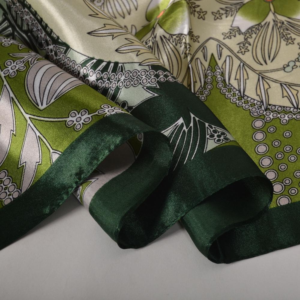 Bright Green Silk Scarf Cape Elegant Floral Design Satin Square Scarves Shawls 90*90cm Fashion Brand Silk Scarf Hijab