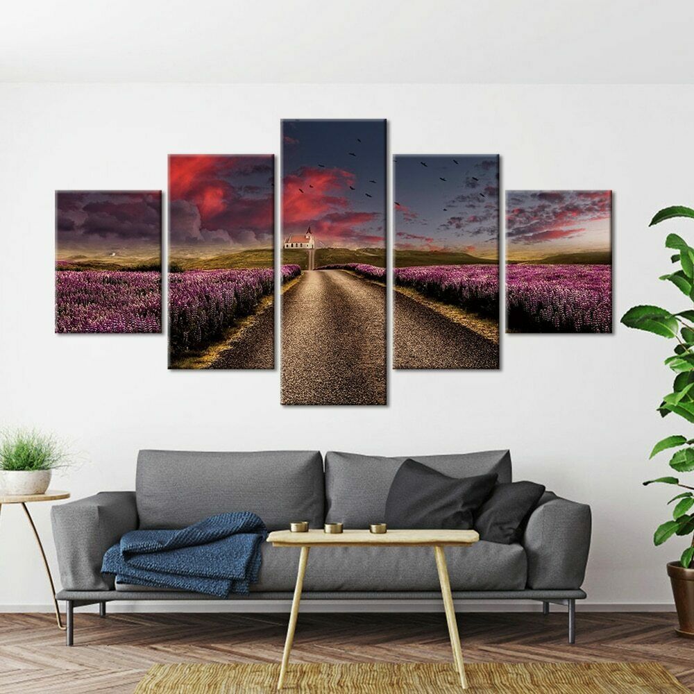5Pcs Lavender Field Farm Road Decor Paintings HD Print No Framed 5 Panel Room Decor Abstract 5 Pieces Pictures Wall Home Decor