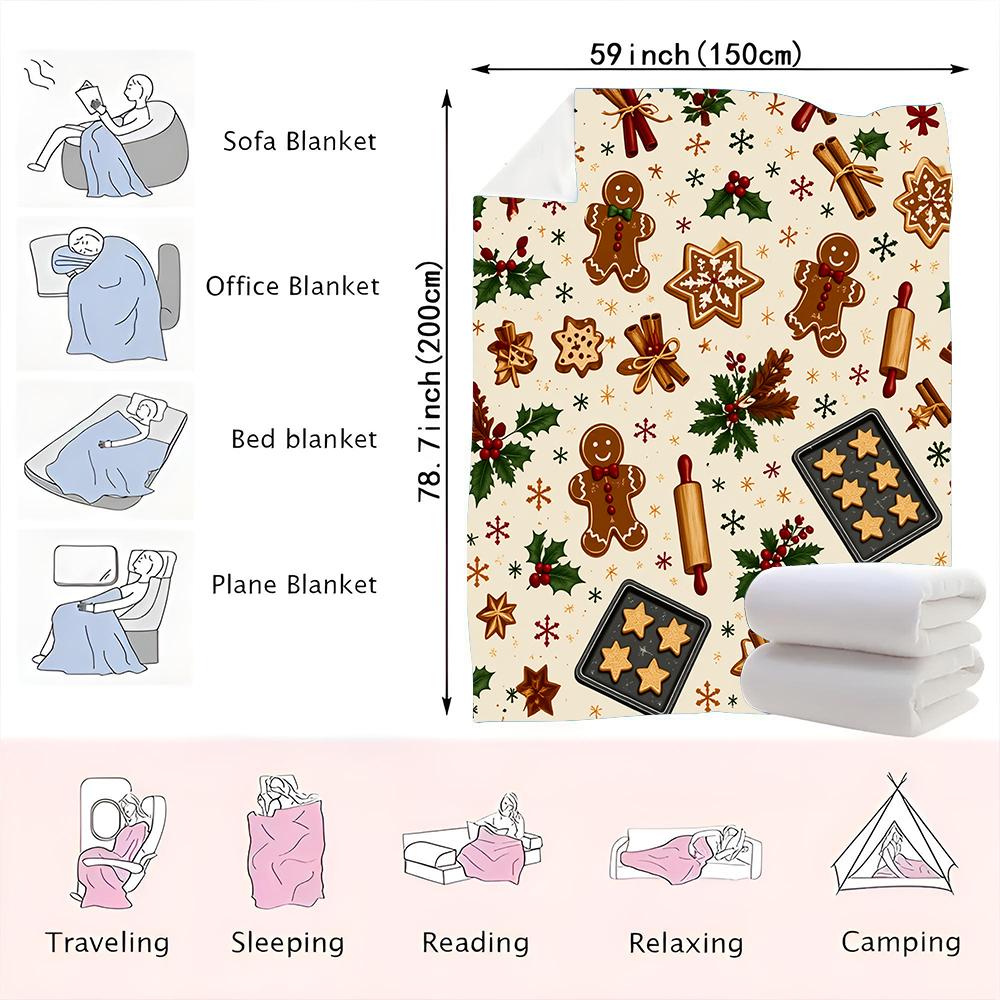 1PC Christmas Gingerbread Man and Holiday Cookie Print Blanket-made of soft, fluffy flannel, perfect for the sofa or bed. Add a