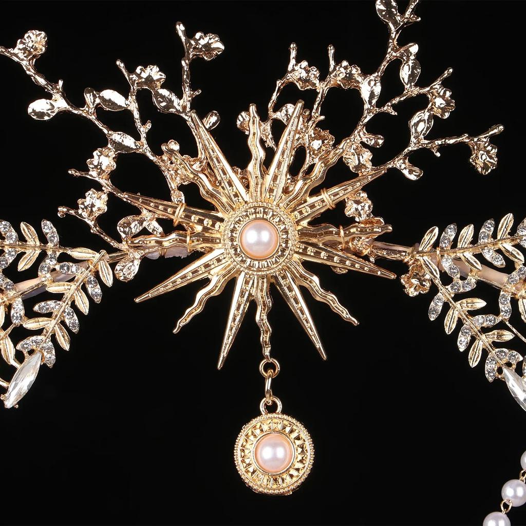 Corona Halo KC Dea del Sole Lolita Fatta a Mano Corona Nuziale Sposa Corona Foglia Cristallo Dorato Barocco Accessori per Capelli Tiara