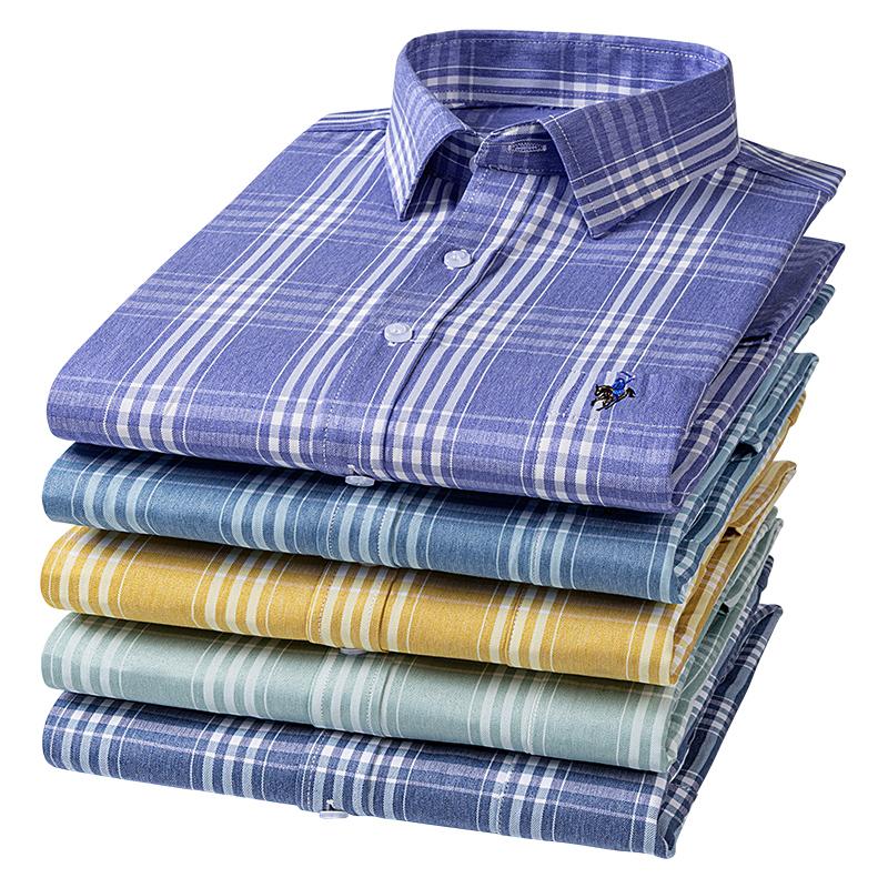 Pure Cotton Plaid Shirts for Men Logo Long Sleeve Quality Formal Business Man Shirt