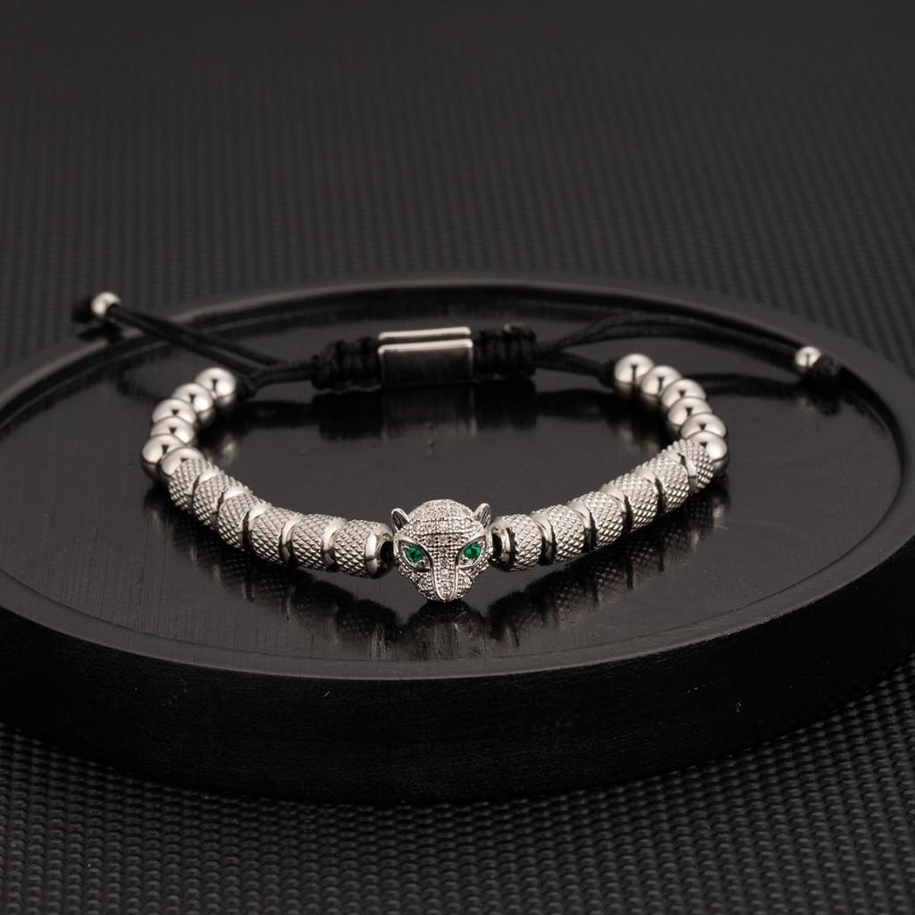 Men's Adjustable Braided Hip Hop Bracelet with Retro Copper Crown, Pineapple Beads, and Vacuum-Plated Titanium Steel.