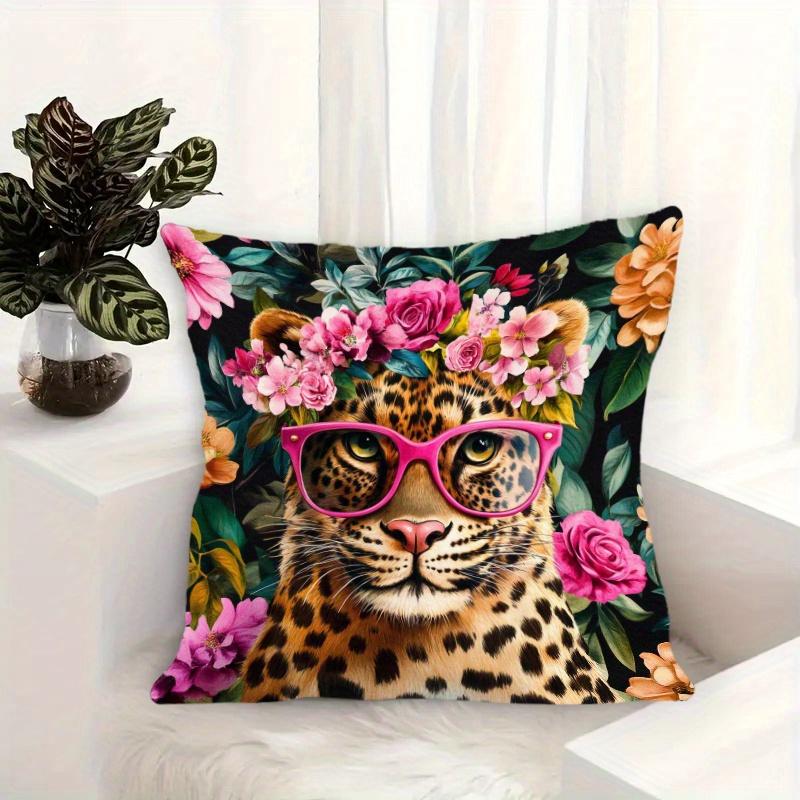 1Pc Leopard In Pink Glasses Flower Crown Throw Pillow Cover, Suitable For Sofa,Bedroom,Living Room,A Fun Gift For Animal Lovers.