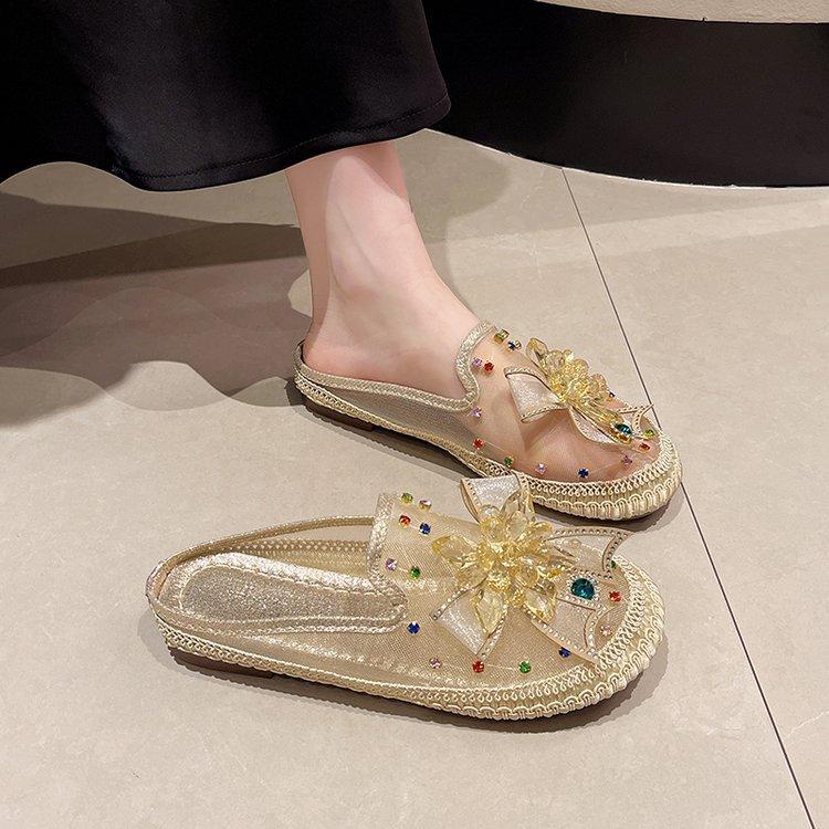 Summer Transparent Rhinestone Single Shoes Women's 2025 Versatile French Sequins Korean Version Low-heeled Little White Shoes Bag Head Half Slippers