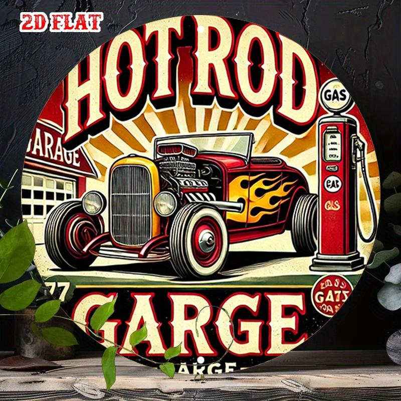 D Flat pc Hot Rod Garage Aluminum Metal Tin Sign Round Retro Cars Wall Art Flame Pattern Rustic Garage Decor for Home