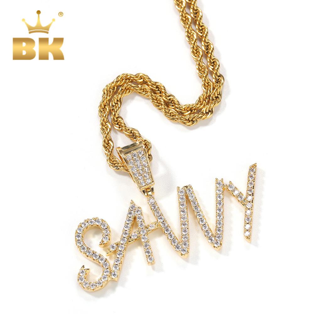 

THE BLING KING Hiphop Name Cursive Writing Initial Letters Pendant Necklace Words Name Full Iced Cubic Zirconia Jewelry 18inch rope chain&2 letters рожевий колір золота