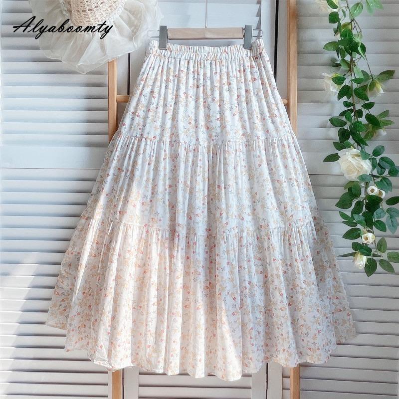 Prairie Chic Spring Summer Women A-Line Skirt Elastic Waist Floral Print Colorful Skirts Womens Fresh Cotton Vintage Basic Skirt