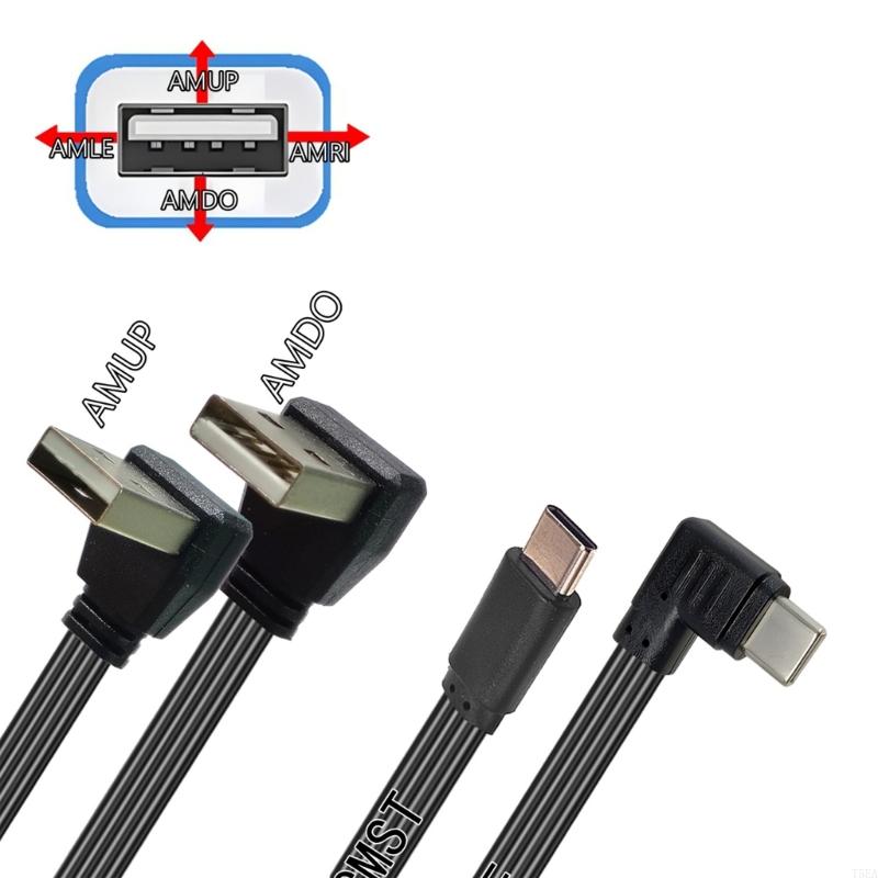 USB 2.0 Male to USB C Data Cord Wire Straight Head/90 Degree Bend Flat Cable for Tablet Phones 480Mbps Data Transfer
