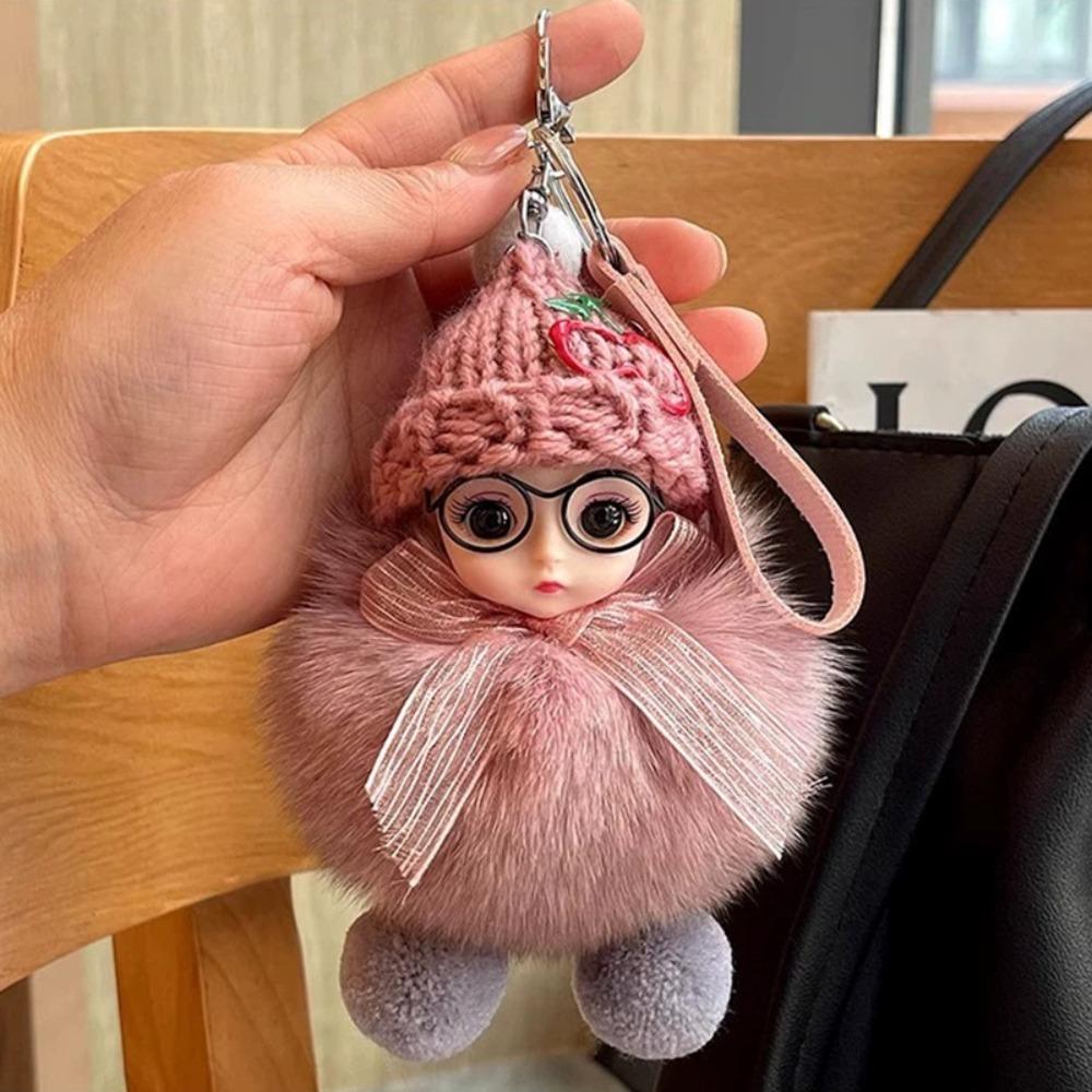 Eye Glass Doll Pompom Doll Keyring Real Fur Ball Baby Doll Ball Key Chain  Bag Pendant
